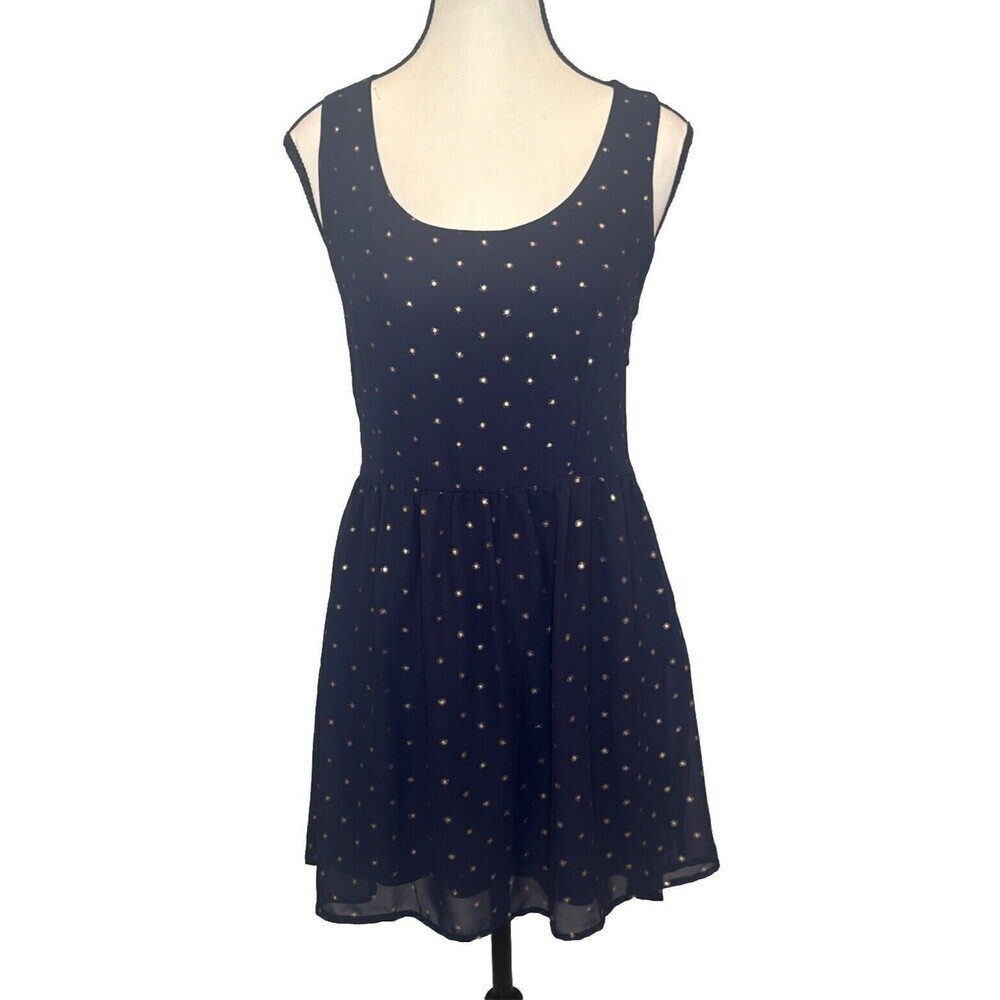 FREEBIRD Navy BLUE w/ GOLD Sleeveless Open Back Lined Dress Career Date Travel-M